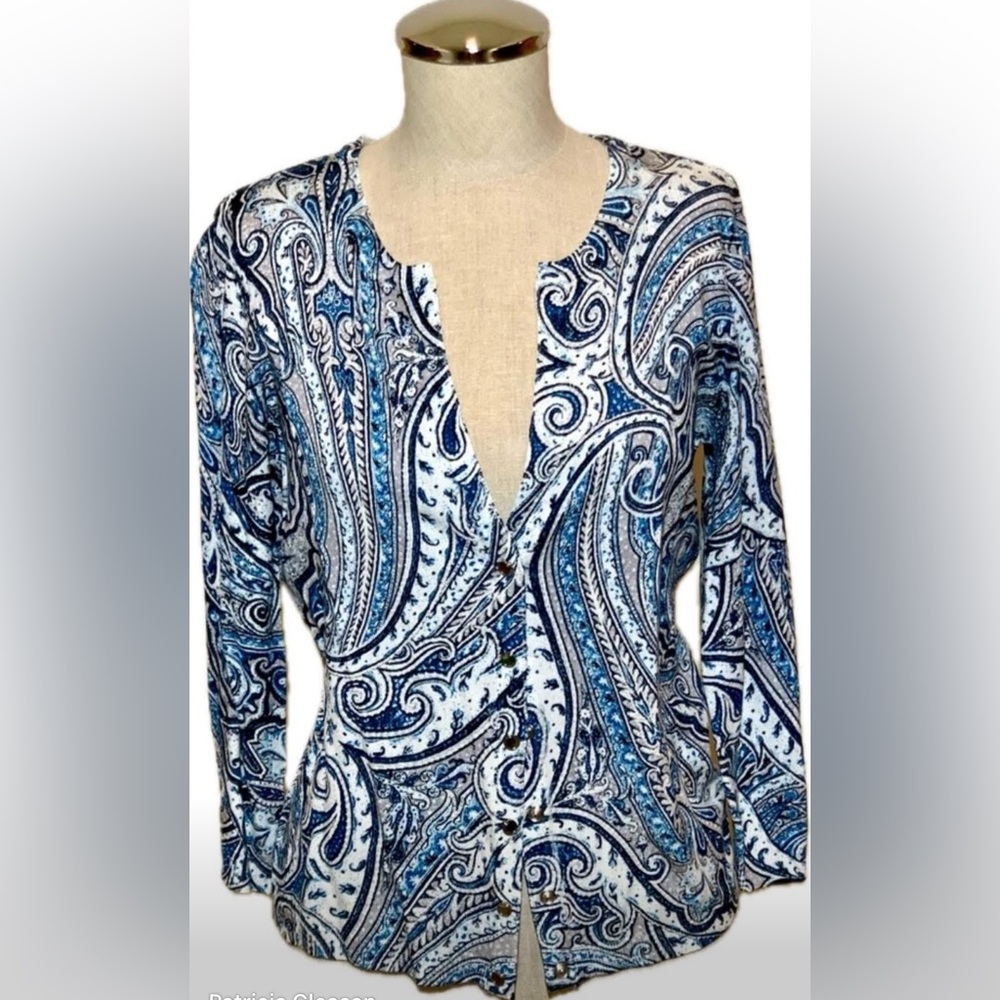💙NWT‼️White House Blk Mkt Paisley Turquoise Snap Front Cardigan 3/4 sleeve- Sz M